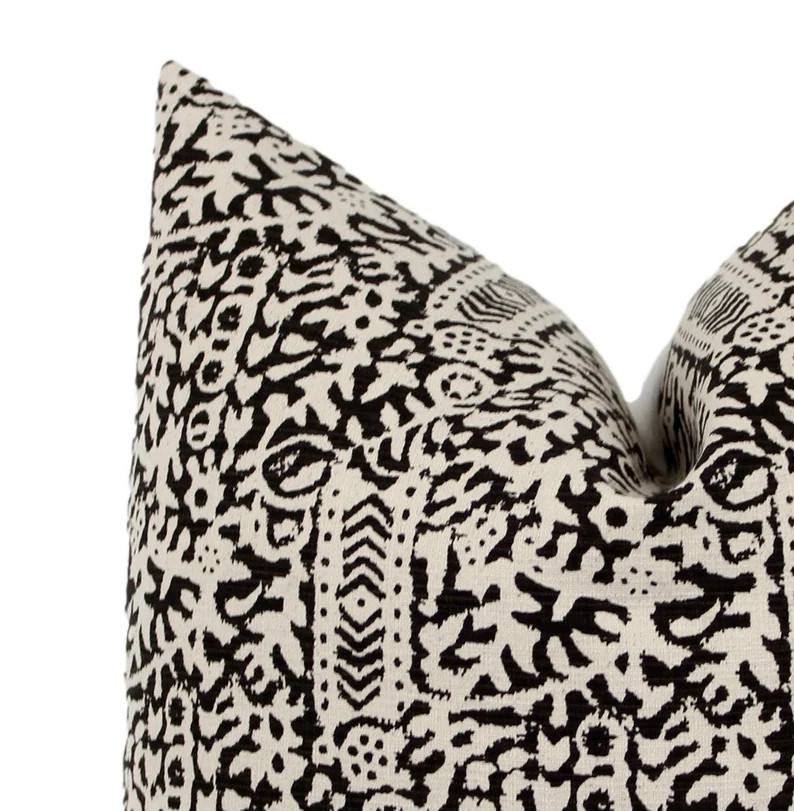 Block Print Charcoal Floral Pillow Cover | Etsy (US)