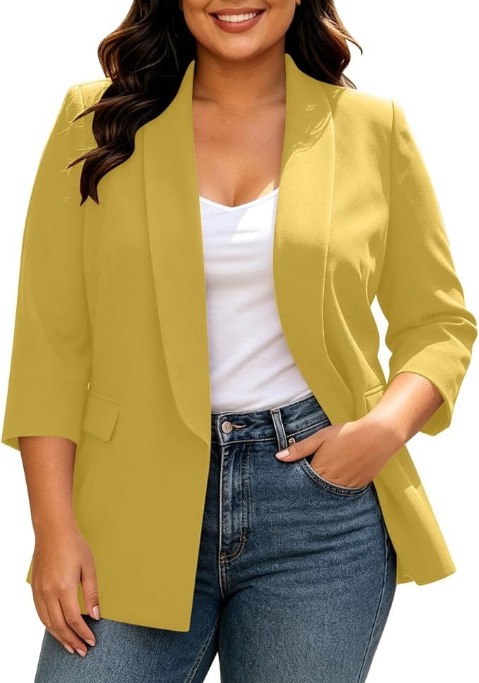 Women Open Front Blazer Plus Size 3/4 Sleeve Lapel Collar Suit Jacket Work Suit Jackets Casual Of... | Amazon (US)