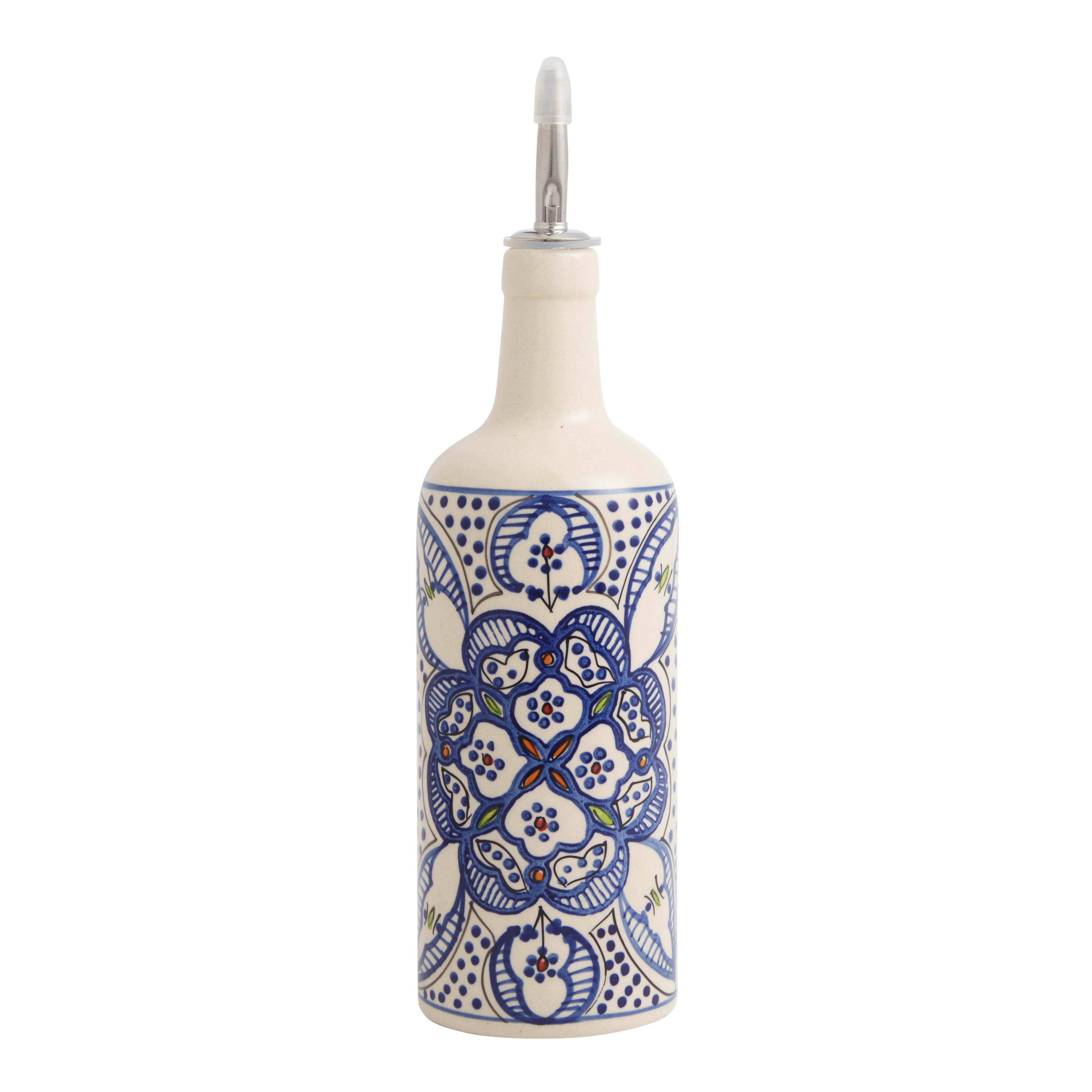 Tunis White and Blue Ceramic Oil Bottle with Spout - World Market | World Market