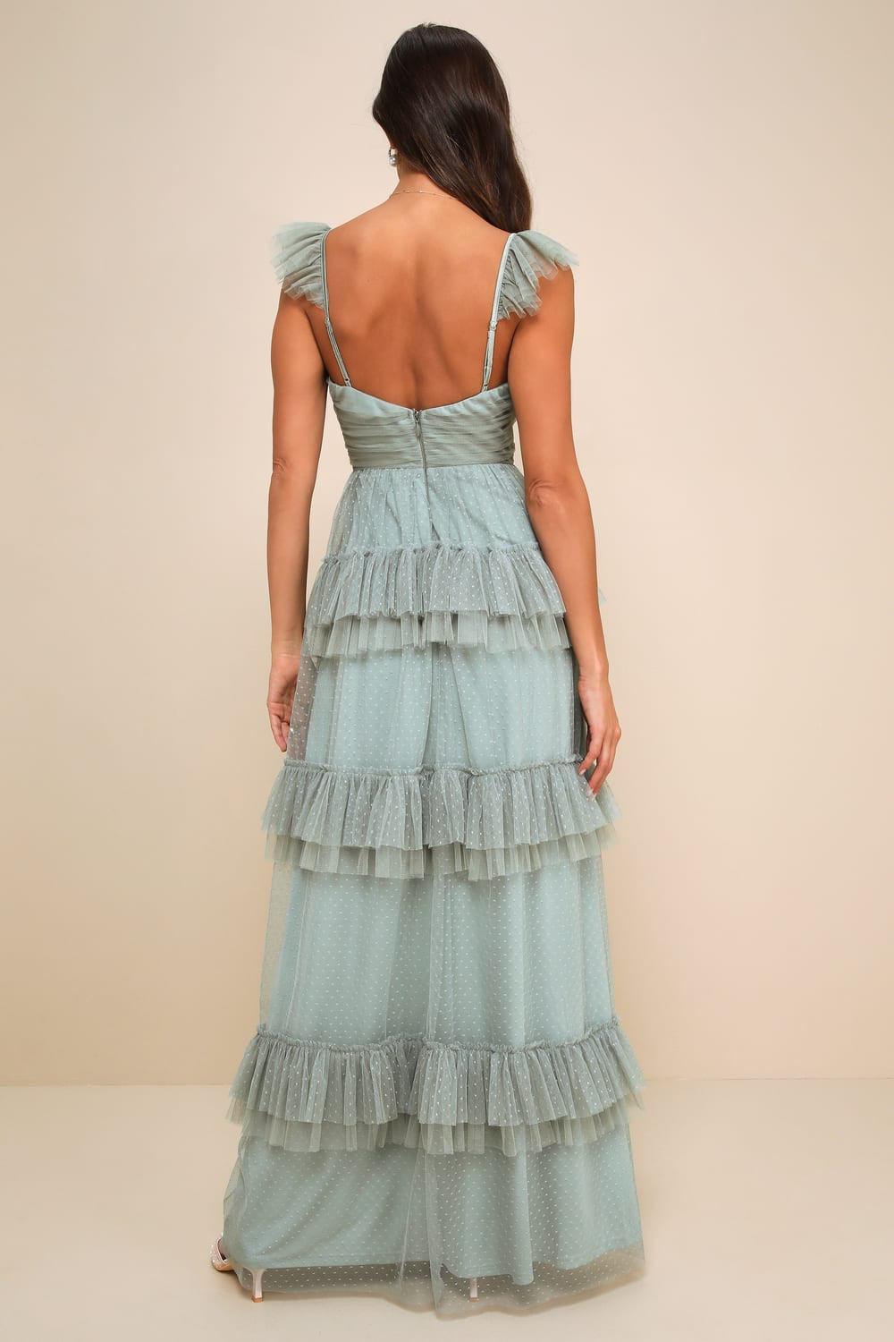 Pure Radiance Sage Brush Mesh Swiss Dot Tiered Maxi Dress | Lulus