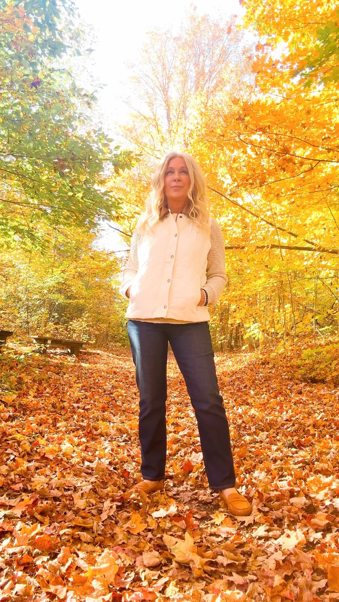 Comment FALL! 🍂

It’s the most magical time of the year in Northern Michigan. We’re at peak leaves, and the world around me is glorious.

My favorite cable knit sweater. A quilted vest. Straight leg jeans. Driving loafers. Pure preppy girl style for a walk through the leaves.

One windy day can carry all this beauty away. So I’m soaking up every golden moment. 🤎

Valarie | 52yo | 5’0” | Generally wear size 2
I earn commission from these links.