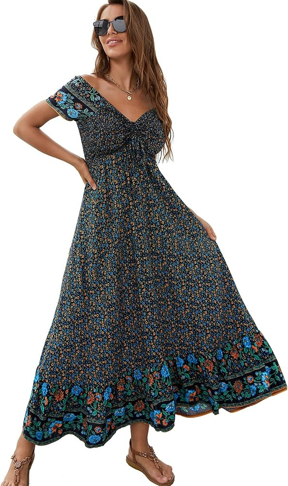 Women's Summer Floral Maxi Dress Casual Short Sleeve Flowy Boho Beach Party Long Dress | Amazon (US)