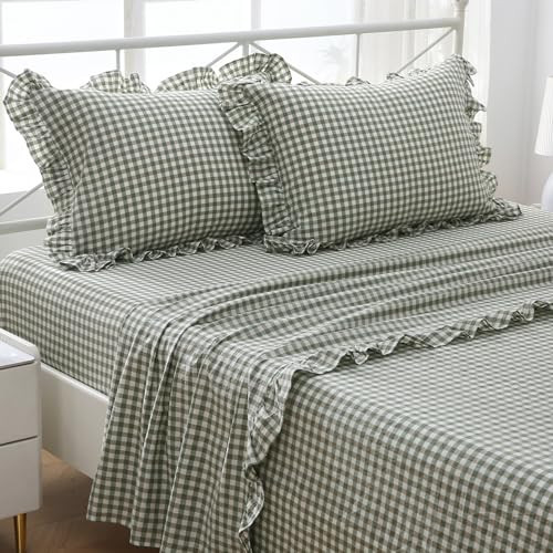 K MASANIJI Sage Green White Plaid Ruffle Sheets King Size 4-Piece Set, 300TC 100% Yarn Dyed Cotton Sheets 18 in Deep Pocket Gingham Decorative Bed Set (Sage Green/White Plaid, King) | Amazon (US)