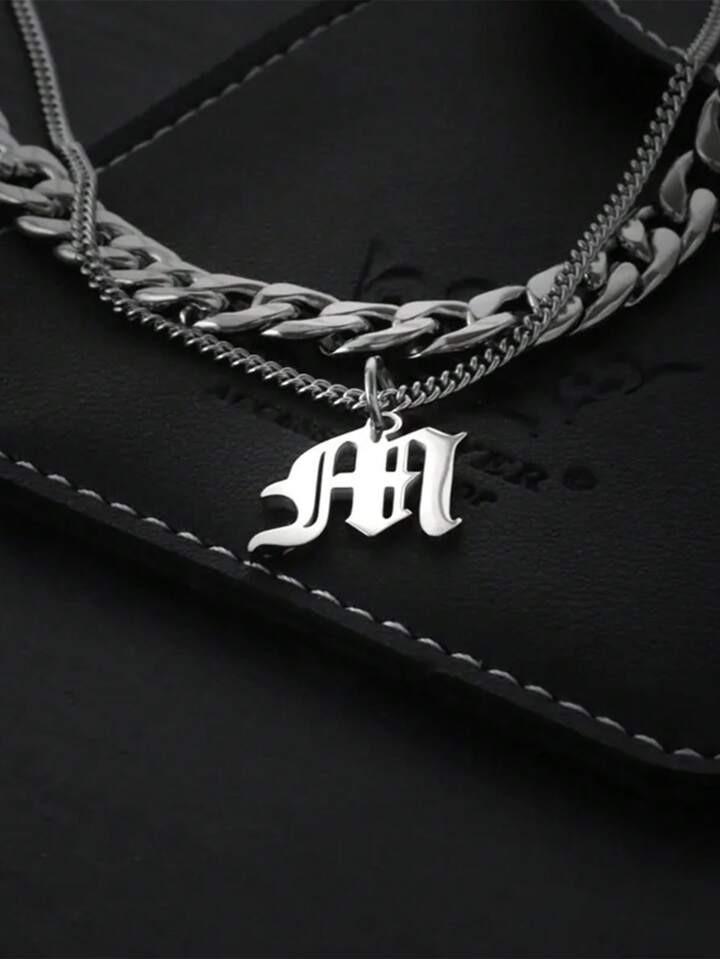 1pc Fashionable Double Layer Old English Letter Necklace, Gothic Style Stainless Steel A-Z Alphab... | SHEIN
