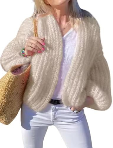 QIBABU Womens Chunky Knit Cardigan Sweater Casual Cropped Open Front Lantern Sleeve Knitwear Coat | Amazon (US)