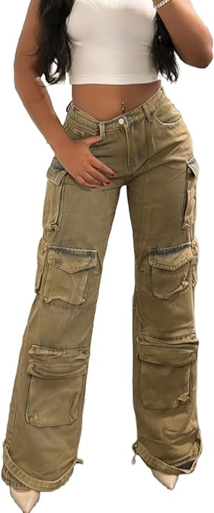 Vaceky Denim Baggy Jeans Women Straight Leg Y2K Distressed Cargo Joggers with Pockets | Amazon (US)