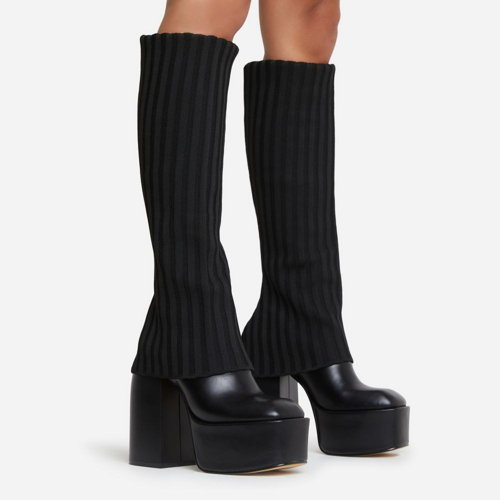 Leila Layered Knit Detail Square Toe Platform Block Heel Calf Boot In Black Faux Leather | EGO Shoes (US & Canada)