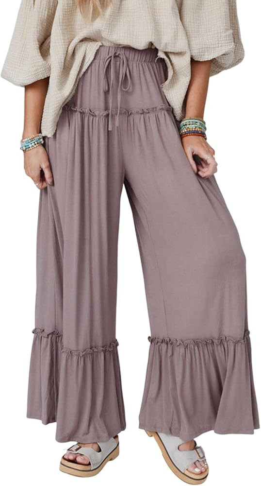 Melliflo Womens Frilled Drawstring High Waist Soild Wide Leg Pants 2024 New Fshion Casual Loose S... | Amazon (US)