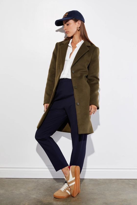 Harriet Olive Green Button-Front Belted Coat | Lulus (US)
