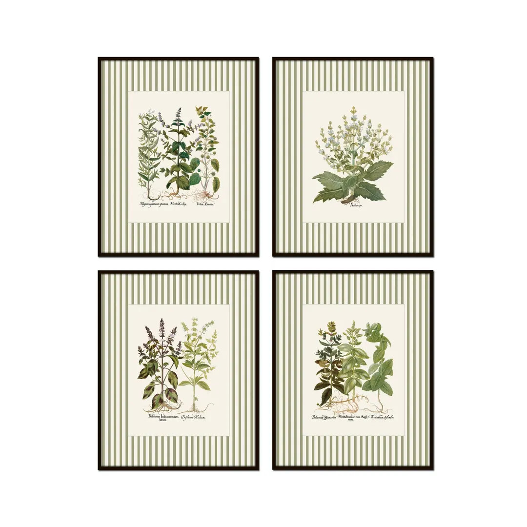 Green Striped Antique Herbs Print Set, Herb Prints, Kitchen Art, Cottage Art, English Cottage Art... | Etsy (US)