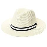 Fancet Big Head Womens Packable Wide Brim Ribbon Band Straw Fedora Derby Panama Beach Sun Hat White  | Amazon (US)