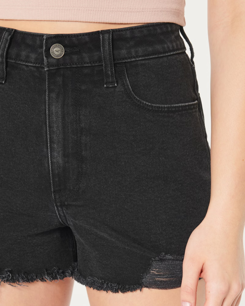 Ultra High-Rise Distressed Black Denim Mom Shorts | Hollister (US)