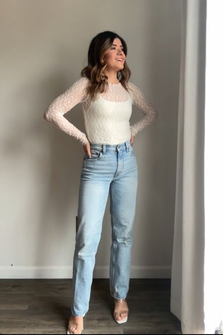 Take 25% off my entire look! Wearing the Abercrombie straight leg jeans in light! 
Size 24 short. They run tts. 
Lace top size xs, also available in black. 

#LTKSale #LTKunder100 #LTKunder50