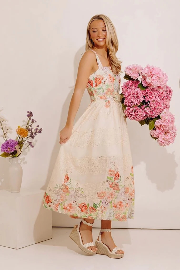 Lovely Blooms Floral Eyelet Midi Dress | Impressions Online Boutique