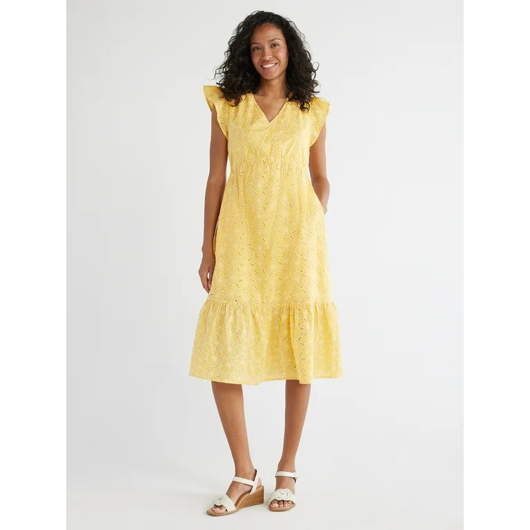 Time and Tru Women's Floral Eyelet Dress with Flutter Sleeves, Sizes XS-XXXL | Walmart (US)