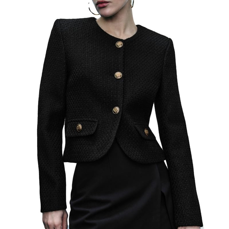Women's Cropped Crew Neck Casual Tweed Blazer Elegant Slim Long Sleeve Jacket with Fake Pockets | Amazon (US)