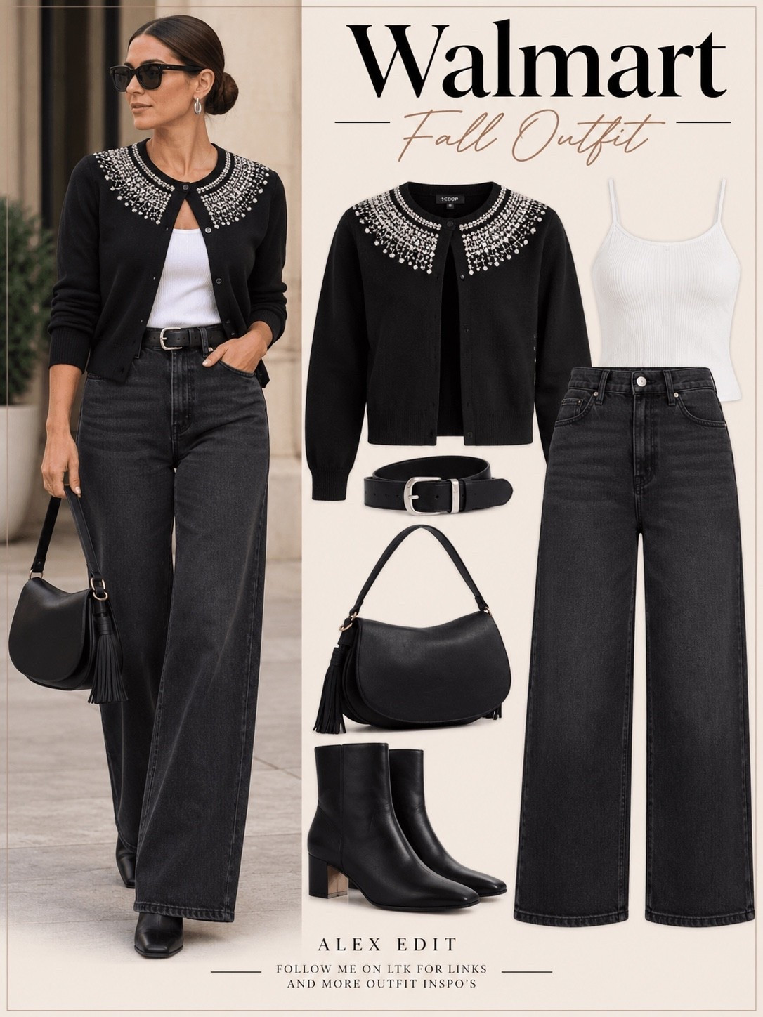 Who says a little sparkle is only for special occasions? 
This embellished cardigan from Walmart’s Scoop collection is the kind of piece that makes even your favorite jeans feel a little more dressed up. I love the contrast of the sparkling neckline against the relaxed, wide-leg denim. Add sleek black boots, a simple camisole, and a tassel bag, and you have an outfit that feels polished without trying too hard.
Perfect for lunch, dinner, holiday gatherings, or simply making an ordinary day feel a little more special.