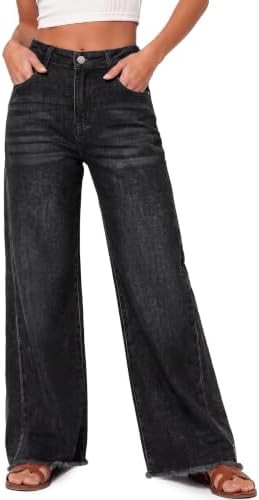 Womens Wide Leg Jeans High Waisted Stretchy Raw Hem Denim Pants | Amazon (US)