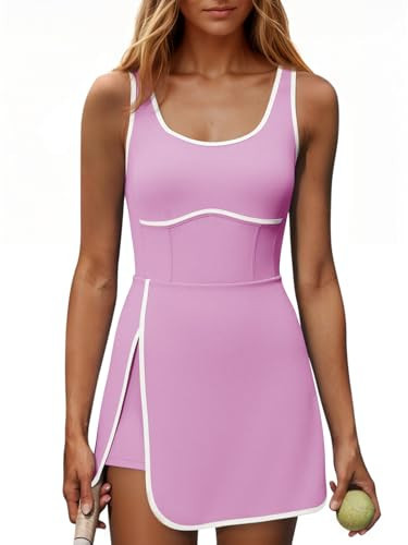Fisoew Womens Workout Tennis Dress with Built-in Bra & Shorts Pockets Sleeveless Cutout Golf Athletic Mini Dresses Pink | Amazon (US)