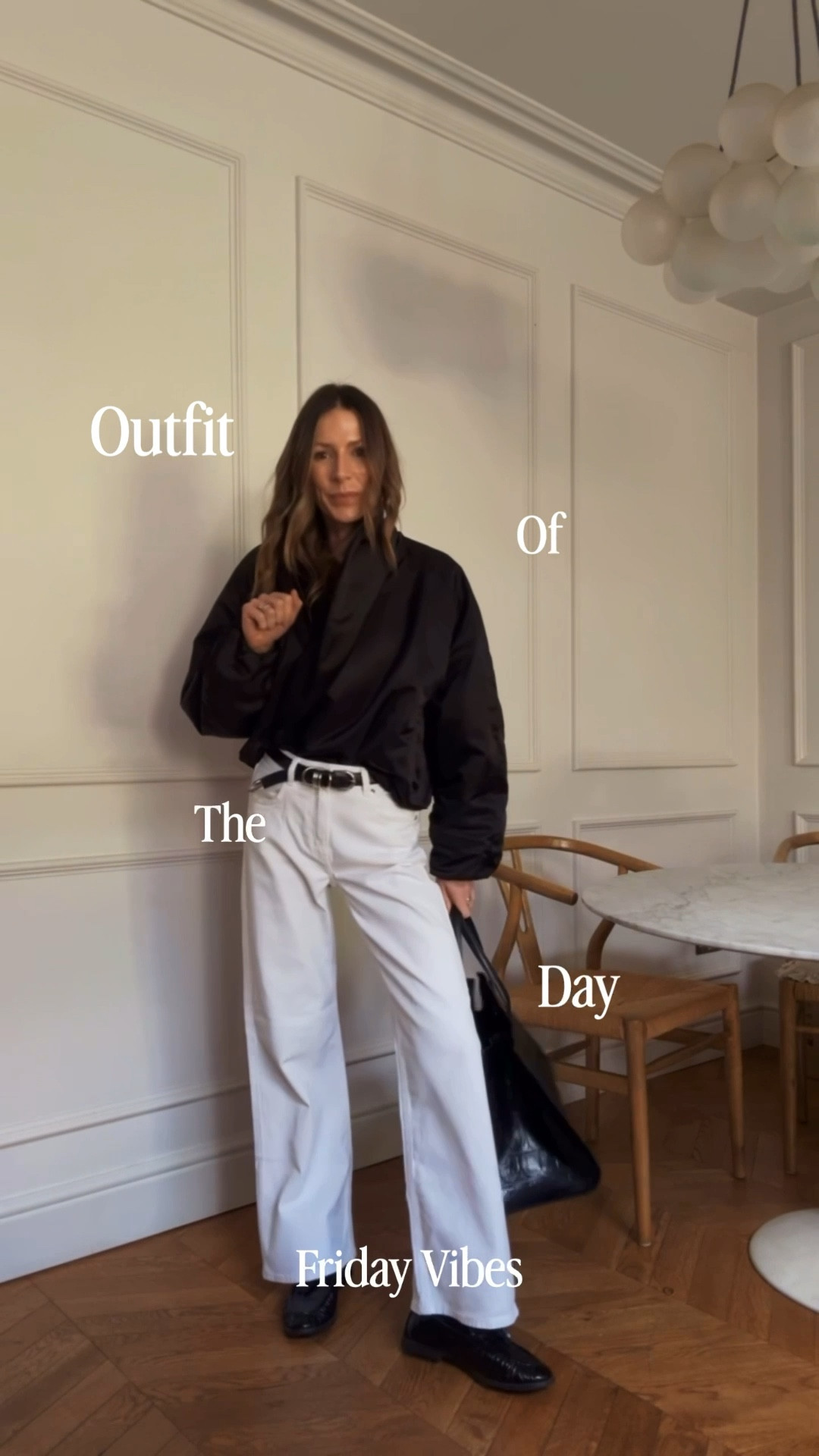 Fridays outfit of the day… going for an all white look with black loafers bag and that epic jacket. Might have got caught in a few showers but the sun was shining and it’s officially the weekend 🤍