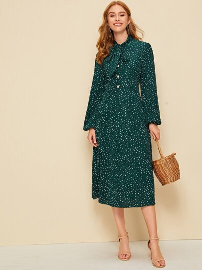 Polka Dot Tie Neck Button Detail Dress | SHEIN