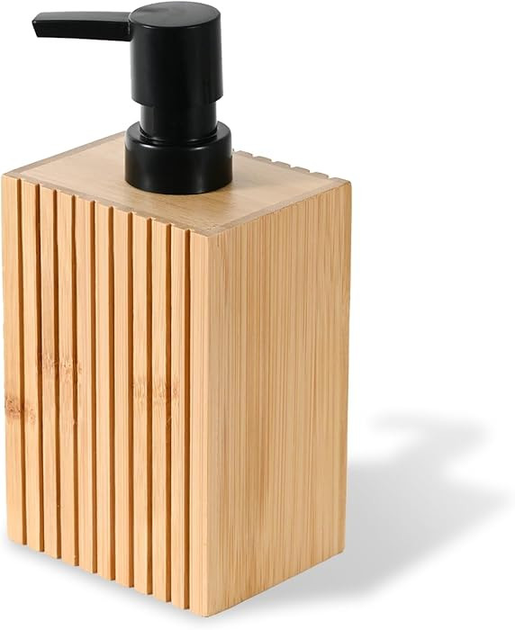 Natural Fluted Bamboo Liquid Soap Dispenser, 10 oz Rectangular Ribbed Refillable Pump for Bathroo... | Amazon (US)