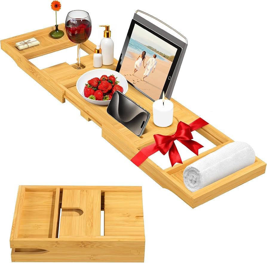 Bamboo Bathtub Tray Table - Collapsible & Adjustable Bathtub Caddy | Space-Saving Folding Bath Tu... | Amazon (US)