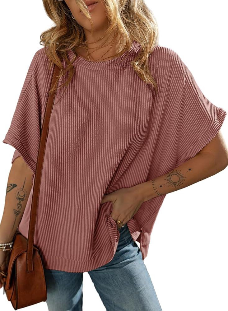 Dokotoo Women's Casual Oversized Short Sleeve Solid Color Loose Texture Knit Tunic Tops Blouses | Amazon (US)