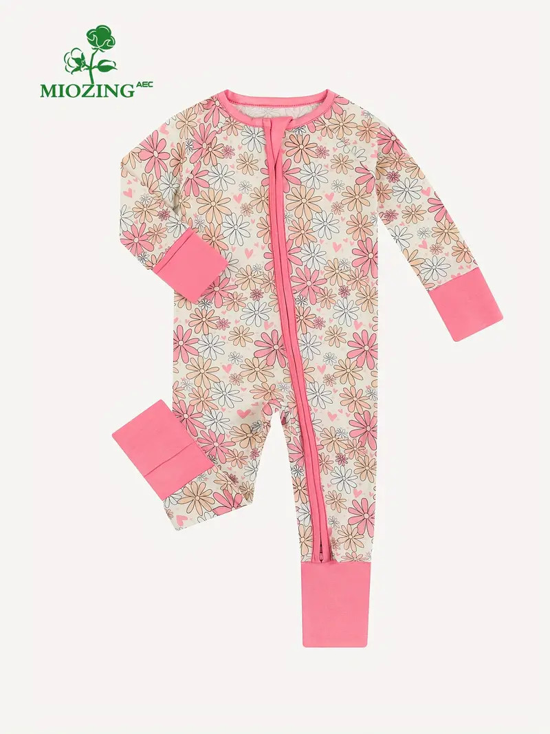 MIOZING Newborn Baby Girls Comfy Bamboo Fabric Sun Flower Print Long Sleeve Zipper Bodysuit | Temu Affiliate Program