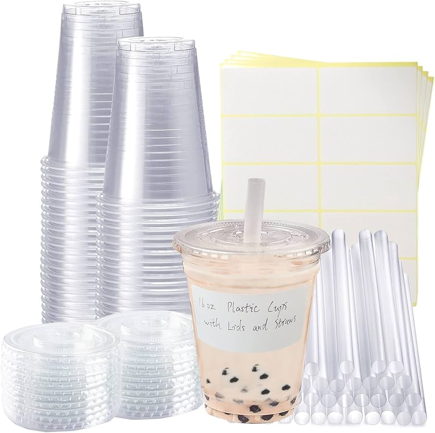 50 Sets Clear Plastic Cups With Flat Lids,16oz Disposable Coffee Cups with Straws and Stickers,Pl... | Amazon (US)