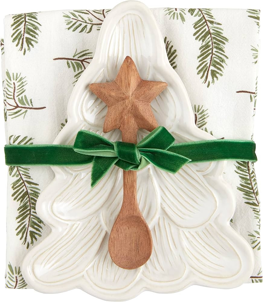 Mud Pie Appetizer Set, Christmas tree; plate 7" x 5 1/2" | spoon approx 5" | towel 26" x 16 1/2" | Amazon (US)