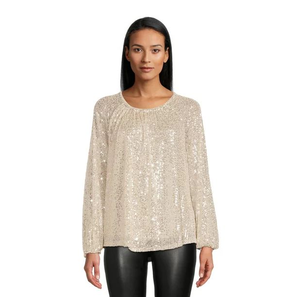 Time and Tru Women's Sequined Top with Long Sleeves - Walmart.com | Walmart (US)