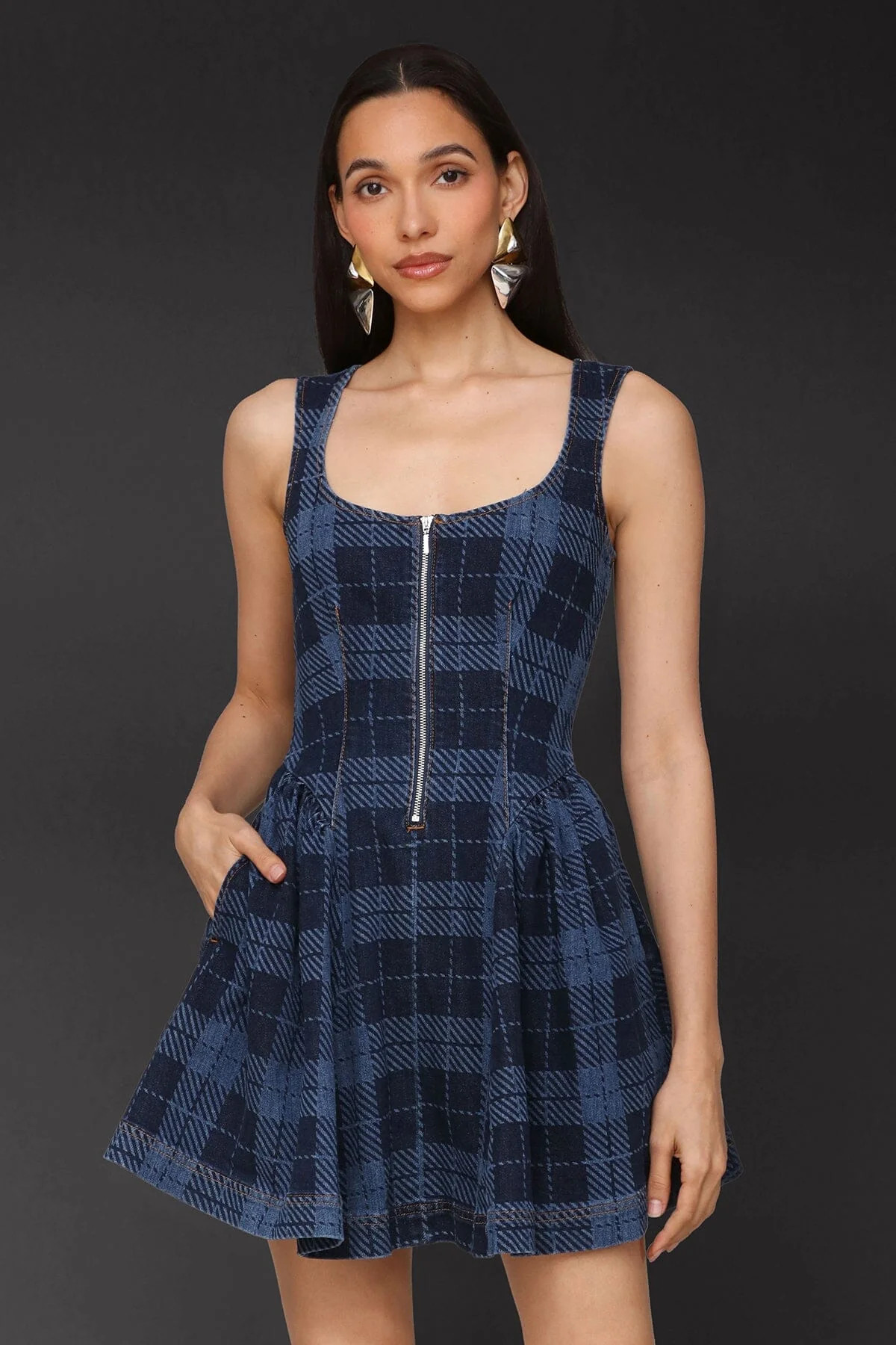 Zip-Front Plaid Denim Mini Dress | Avec Les Filles