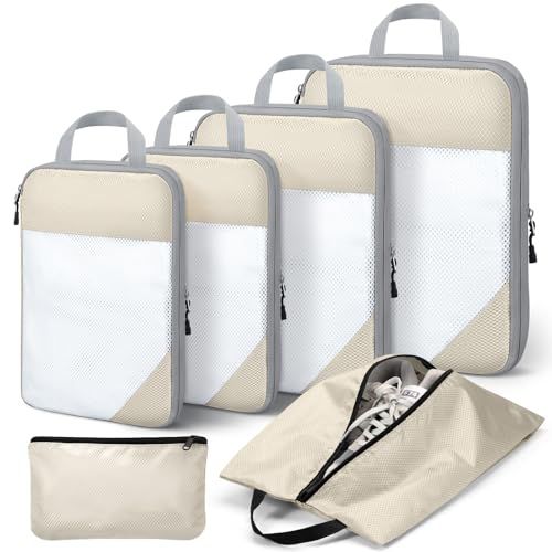 6 Set Compression Packing Cubes for Suitcases,Packing Cubes with Shoe Bag, Large Cosmetics Bag, Clothing Bag, Accessories Bags Packing Cubes for Travel Luggage Organizer Women Men(Beige) | Amazon (US)