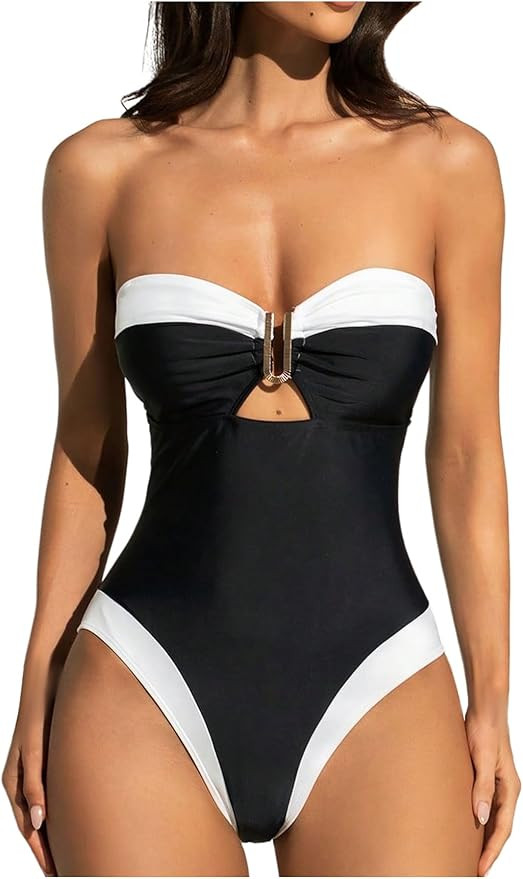 WDIRARA Women's Contrast Trim Strapless One Piece Swimsuit Metal Cut Out Bandeau High Cut Swimwea... | Amazon (US)