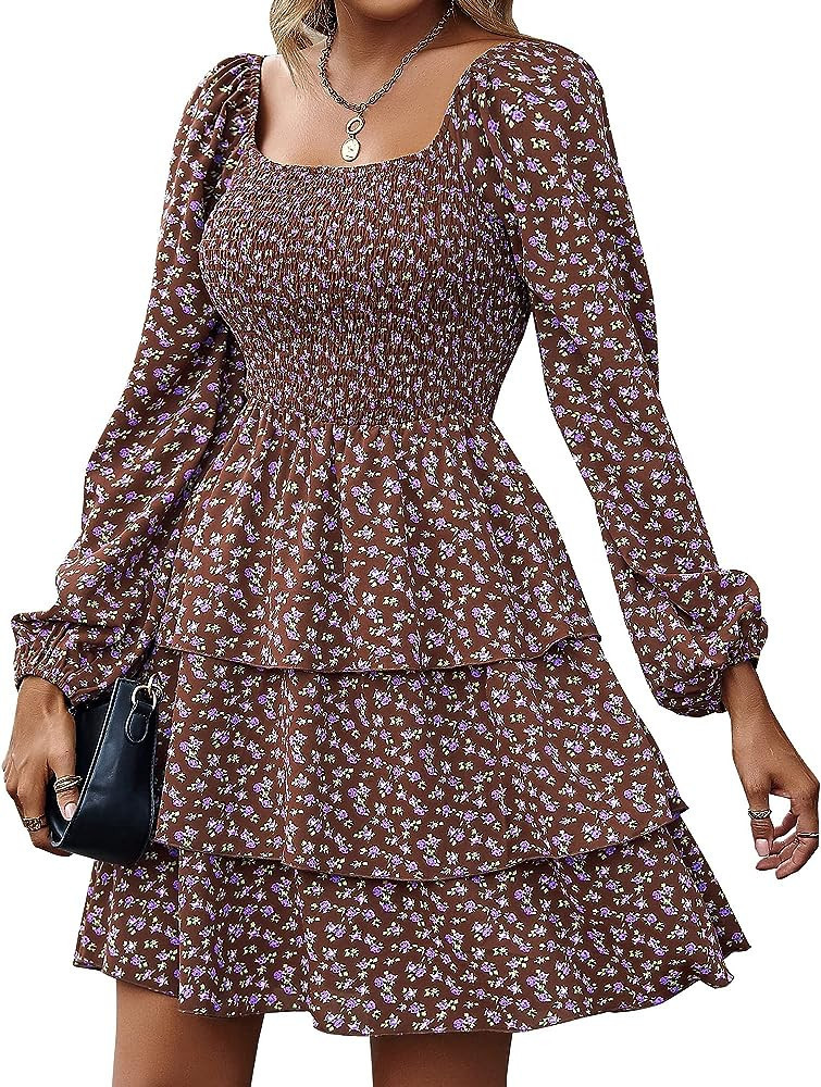 Women Square Neck Pink Floral Dress Red Floral Dress Long Sleeve Floral Dress With Sleeves Amazon | Amazon (US)