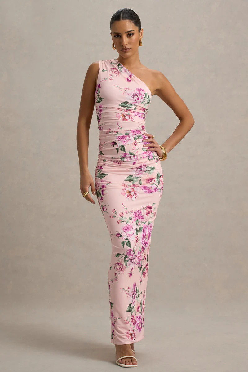 Dalarie | Pink Floral Print One-Shoulder Gathered Maxi Dress | Club L London