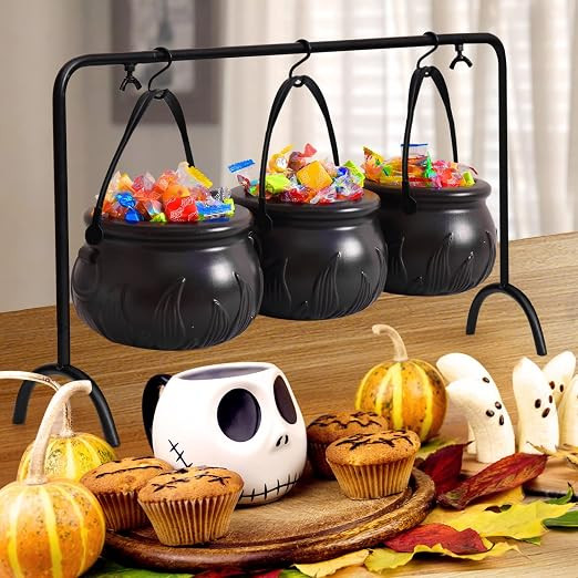 Rocinha Halloween Candy Bowls Decoration, 3 Pcs Witches Cauldron Serving Bowls with Iron Rack, Bl... | Amazon (US)