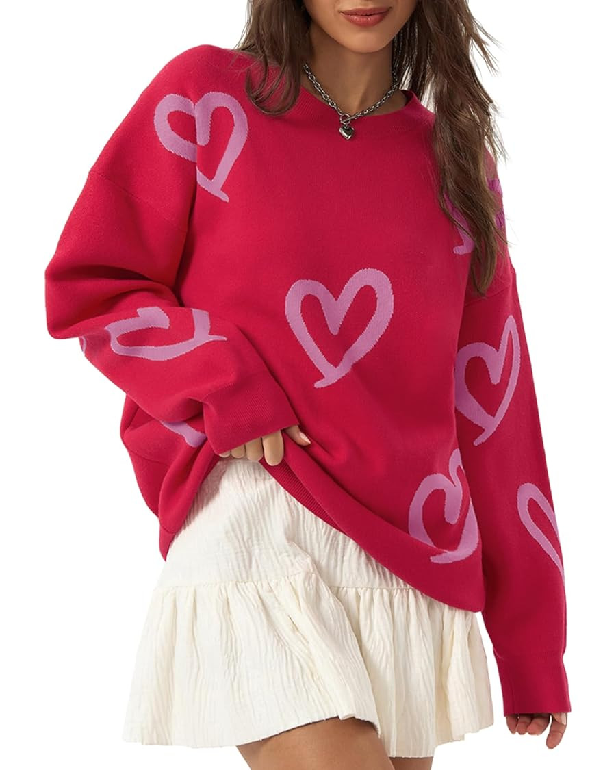Saodimallsu Womens Oversized Heart Sweater Crew Neck Long Sleeve Knit Cute Valentines Pullover Sw... | Amazon (US)