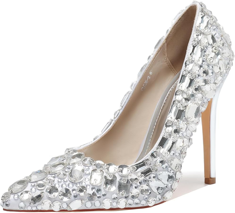 Women's Rhinestone Pointed Toe Pumps Slip On Stiletto Heels 4.3IN Nightclub Party Wedding Dress S... | Amazon (US)