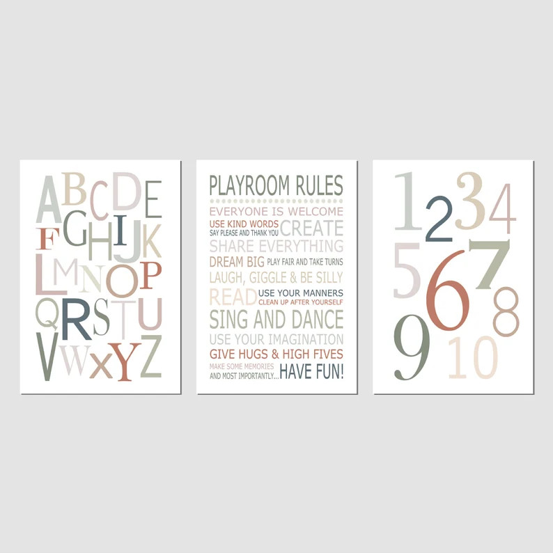 Earthy Playroom Decor, Muted Play Room Wall Art, Earth Tone Playroom Rules Sign, Alphabet Numbers... | Etsy (US)