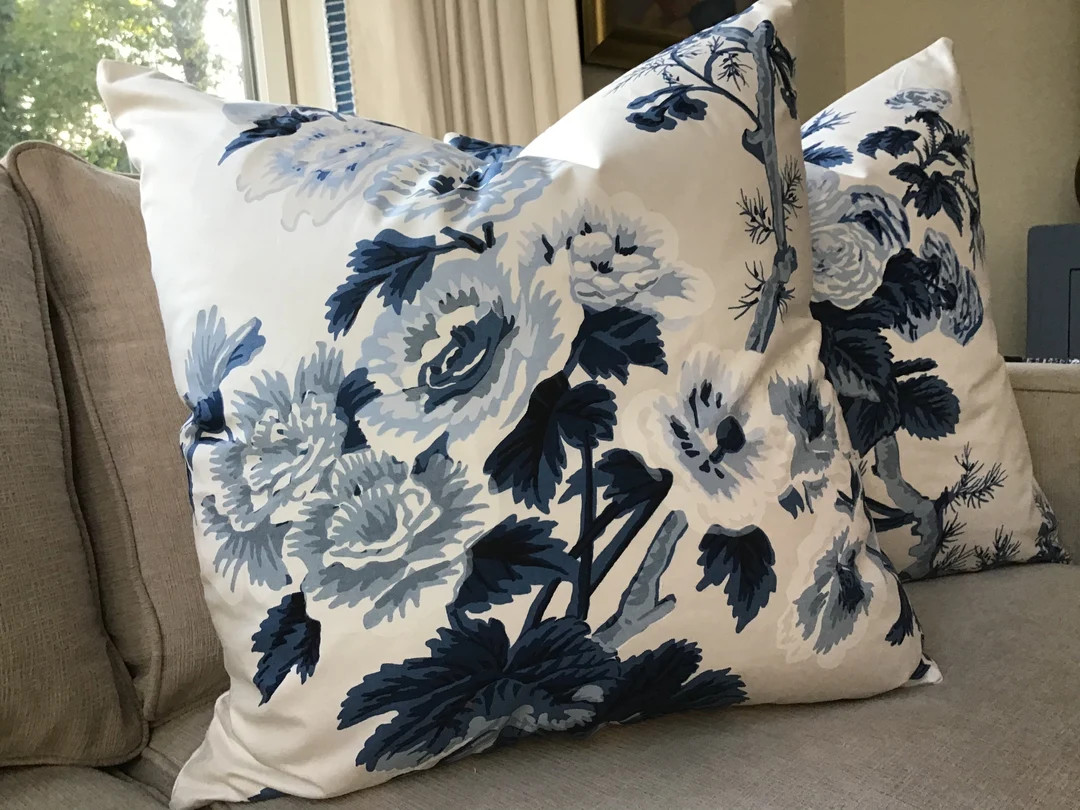 Schumacher Pyne Hollyhock Covers in Indigo - Etsy | Etsy (US)