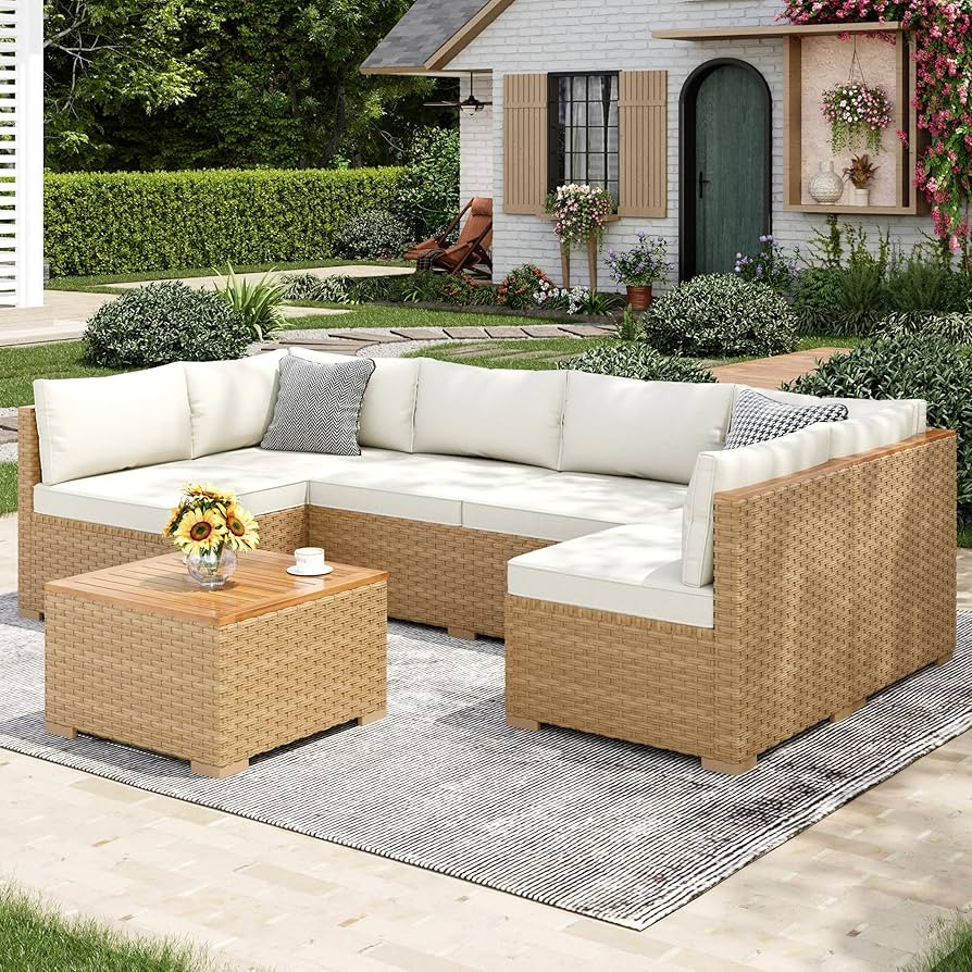 Wicker Outdoor Patio Furniture Set 7 Pieces Patio Chaise Longue Conversation Set, Rattan U-Shaped... | Amazon (US)
