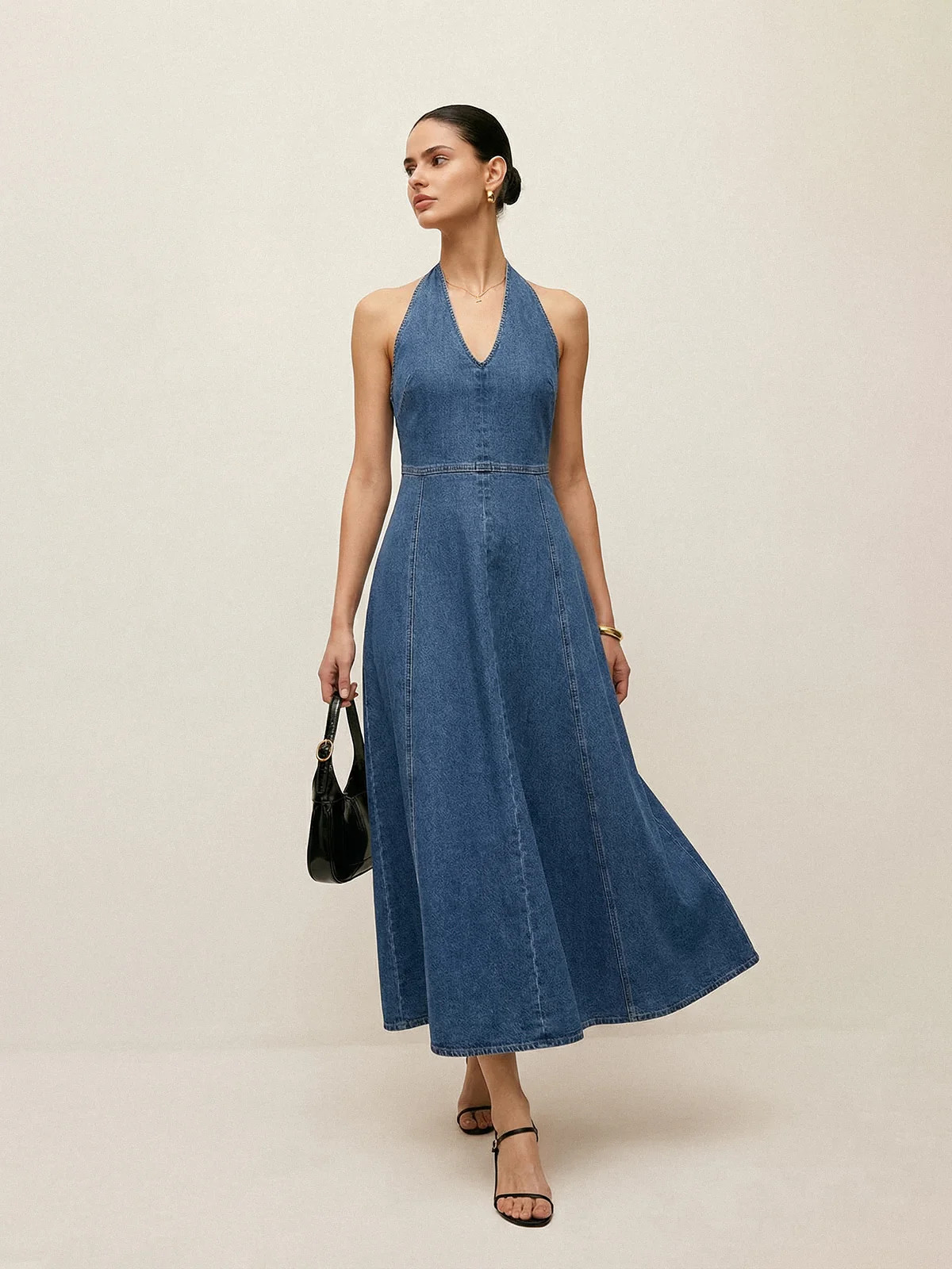 Halter Backless Denim Midi Dress | Commense