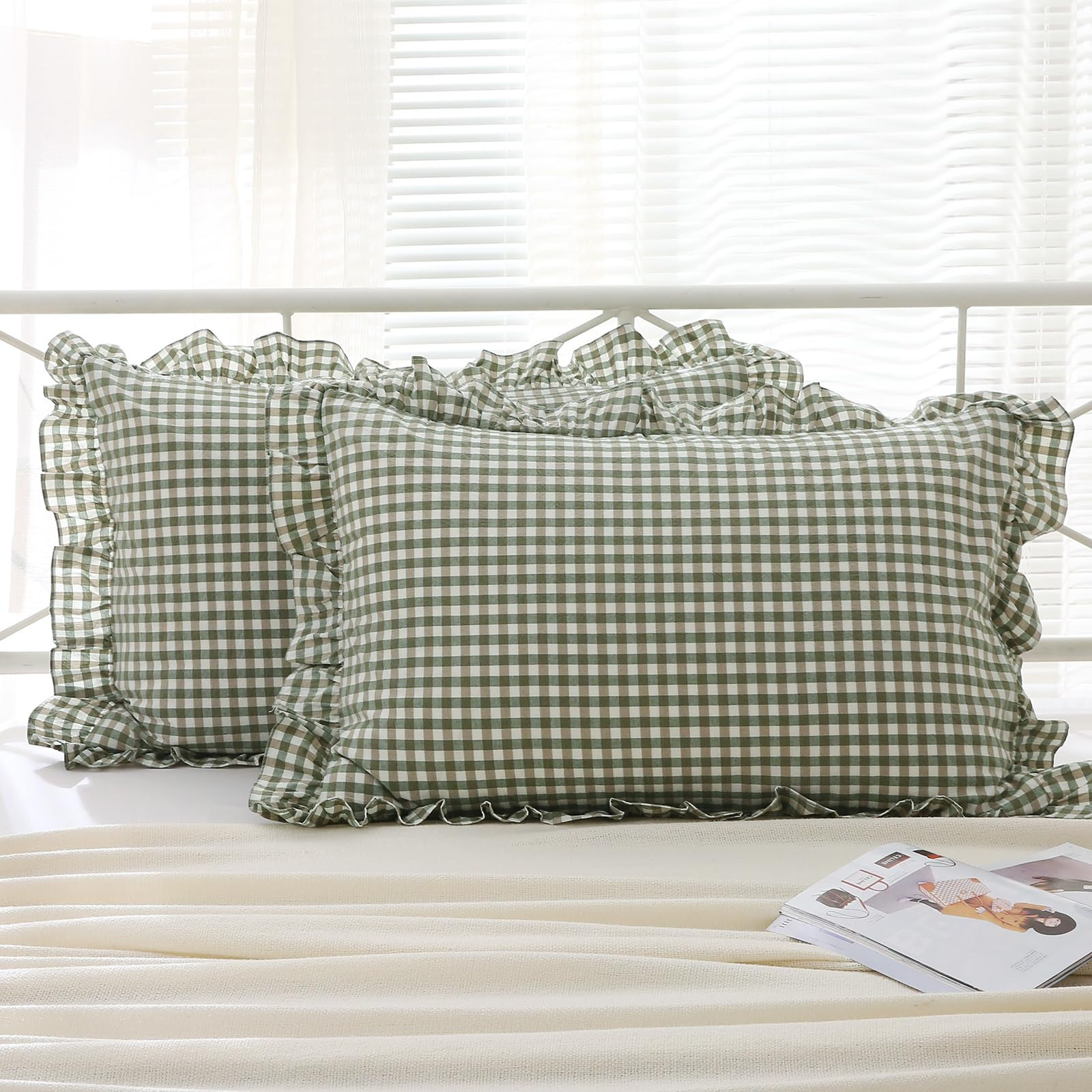 2 Pack Sage Green White Plaid Ruffle Pillow Shams Standard Size 20x26 inches, 100% Cotton Gingham... | Amazon (US)