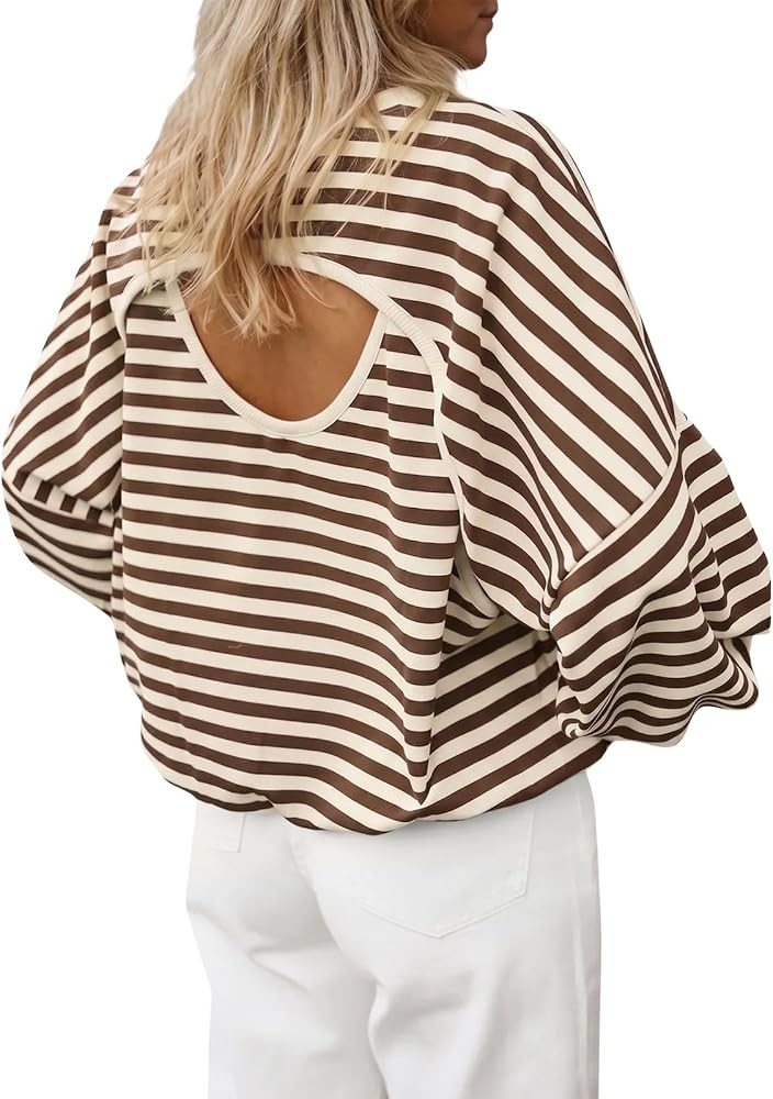 Imily Bela Womens Striped Long Sleeve Sweatshirt Oversized Cutout Back Top | Amazon (US)