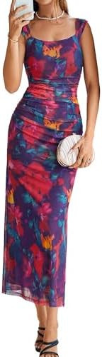 Simplee Womens Summer Wedding Guest Dress Floral Bodycon Mesh Tank Sleeveless Ruched Sexy Party S... | Amazon (US)