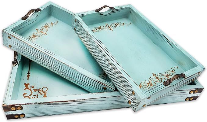 Modern 5th Vintage Aqua Blue Ottoman Wooden Serving Trays with Handles Set of 3 Decorative Tray, ... | Amazon (US)