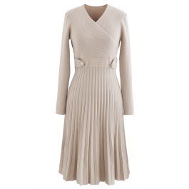 Button Embellished Wrap Pleated Knit Dress in Sand | Chicwish
