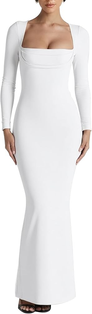 Kaximil Women's Sexy Long Sleeve Square Neck Bodycon Maxi Dress Split Cocktail Formal Long Dresse... | Amazon (US)